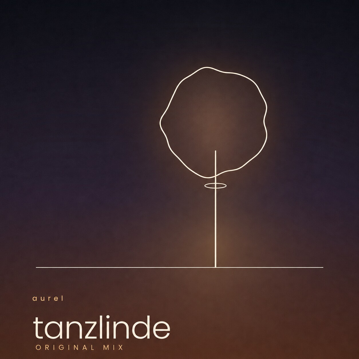 Tanzlinde cover artwork: a minimal outlined linden tree glowing against a dark violet and amber background